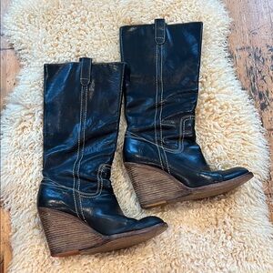 Frye Black Leather Wedge Boots
